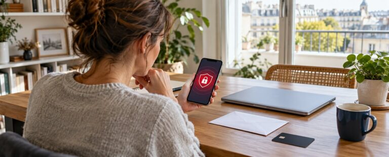 Une abonnée consulte une alerte de sécurité sur son téléphone, avec un ordinateur et ses documents à proximité.