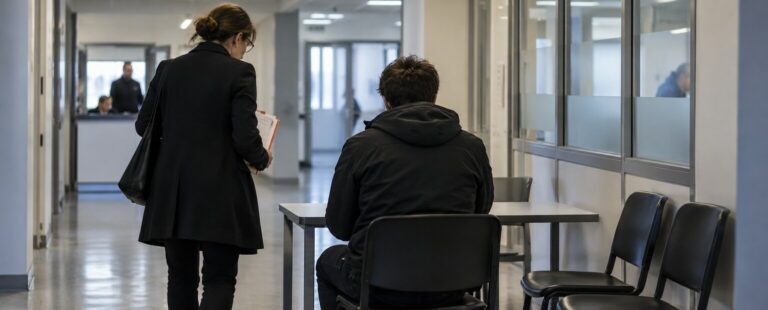 Une personne attend avec une avocate dans un commissariat, illustration des droits en garde à vue.