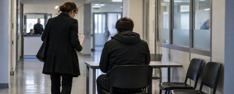 Une personne attend avec une avocate dans un commissariat, illustration des droits en garde à vue.