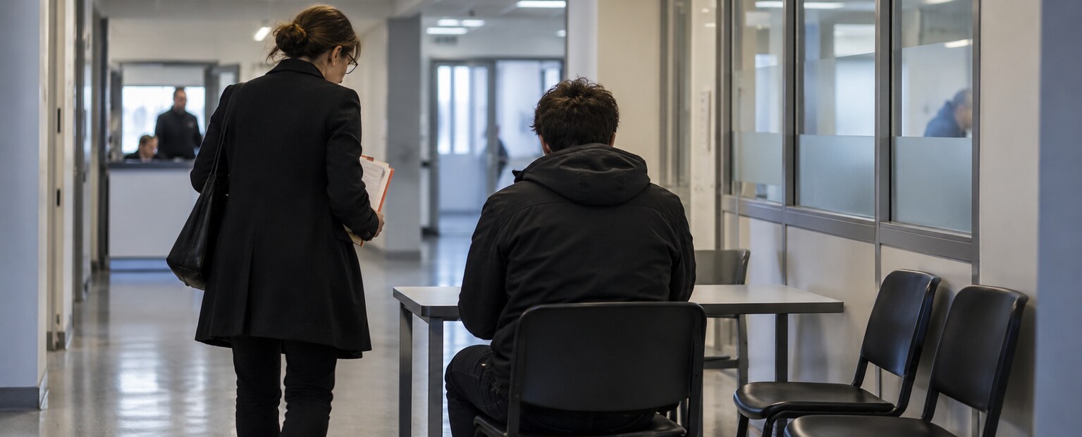 Une personne attend avec une avocate dans un commissariat, illustration des droits en garde à vue.