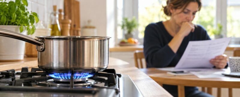 Une casserole chauffe au gaz pendant qu’une personne consulte une facture.