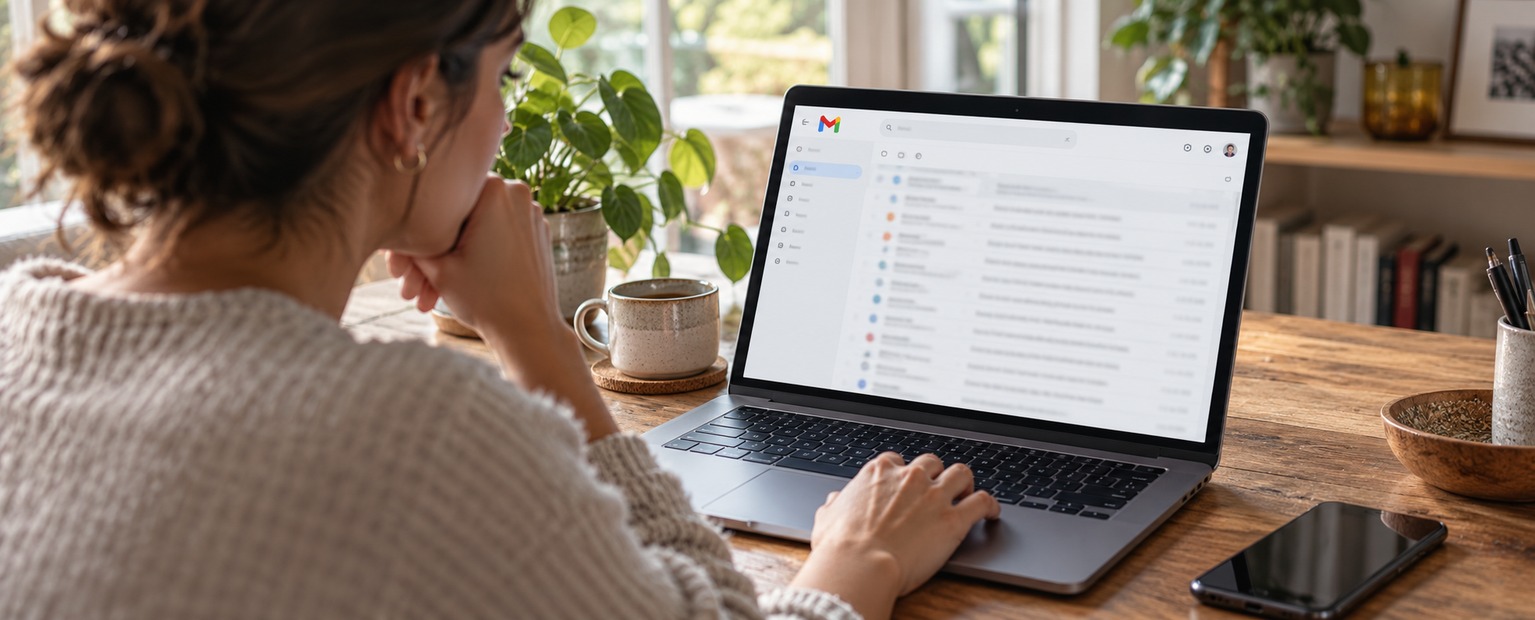 Une personne consulte sa messagerie sur un ordinateur portable : confidentialité et publicités dans Gmail.
