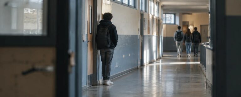 Un élève se tient à l’écart dans un couloir de lycée.