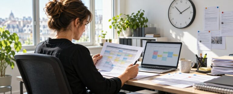 Salariée comparant un relevé d’horaires avec son agenda de travail.