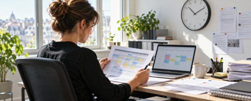 Salariée comparant un relevé d’horaires avec son agenda de travail.