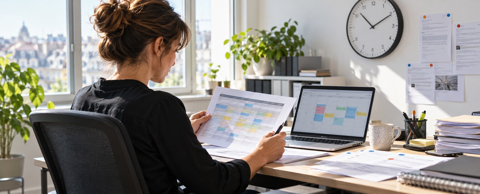 Salariée comparant un relevé d’horaires avec son agenda de travail.