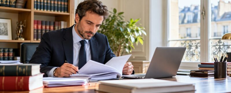 Un professionnel du droit vérifie un dossier papier près de son ordinateur.
