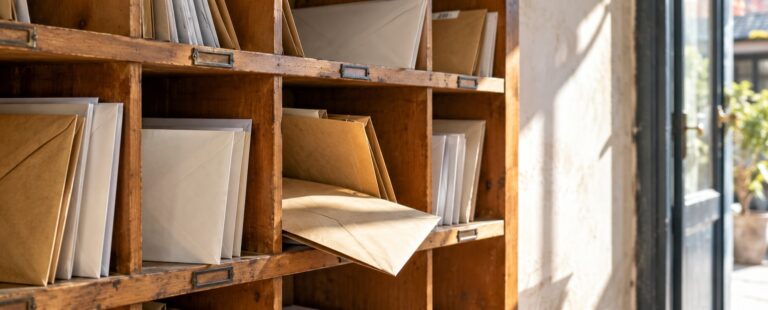 Enveloppes sans adresse lisible dans un casier de courrier en bois, près d’une entrée lumineuse.