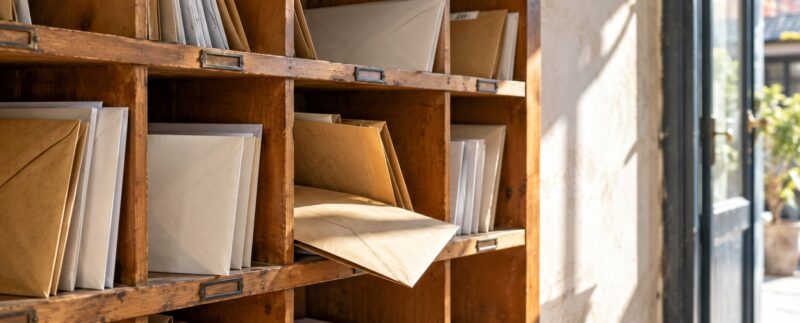 Enveloppes sans adresse lisible dans un casier de courrier en bois, près d’une entrée lumineuse.