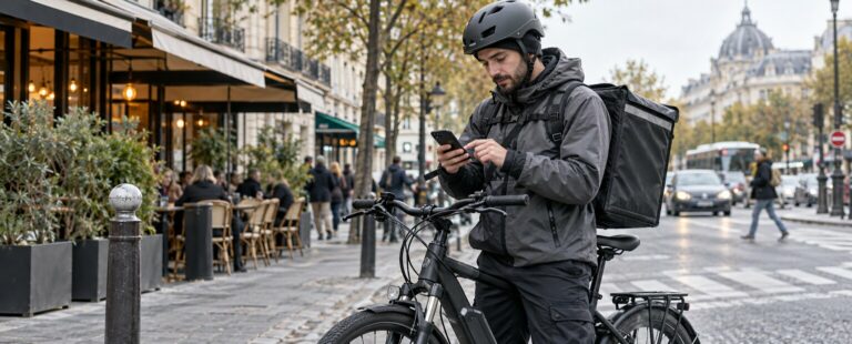 Livreur indépendant consultant son récapitulatif hebdomadaire près de son vélo en ville.