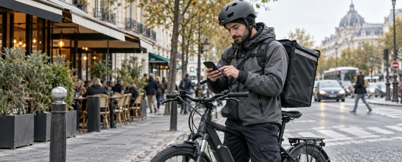 Livreur indépendant consultant son récapitulatif hebdomadaire près de son vélo en ville.