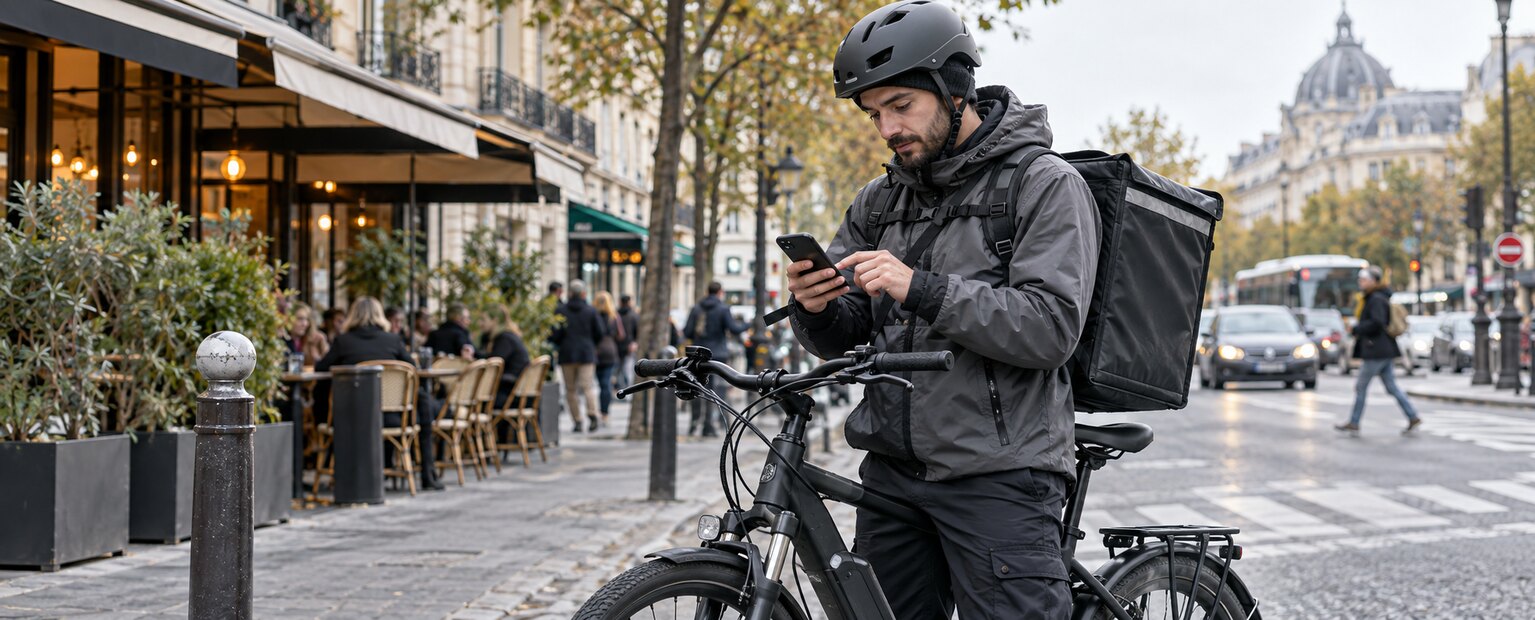 Livreur indépendant consultant son récapitulatif hebdomadaire près de son vélo en ville.