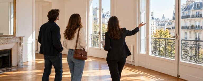 Des candidats vus de dos visitent un appartement parisien lumineux avec une agente immobilière.