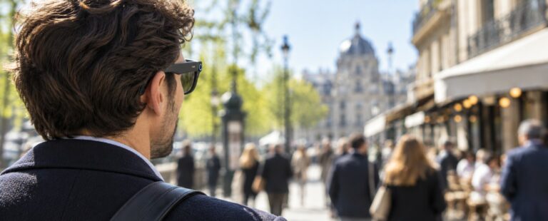 De trois quarts arrière, un passant porte des lunettes munies d’une petite caméra.