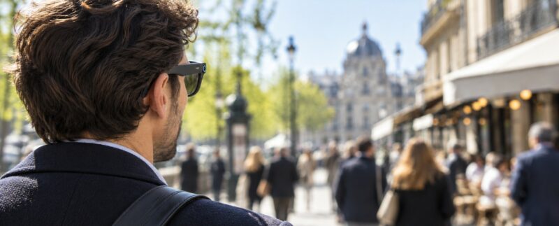 De trois quarts arrière, un passant porte des lunettes munies d’une petite caméra.