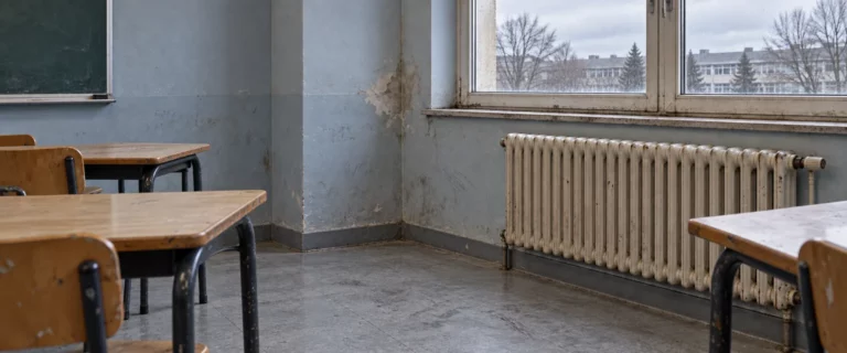 Salle de classe vieillissante : tables usées, sol marqué, peinture écaillée et radiateur sous une fenêtre.