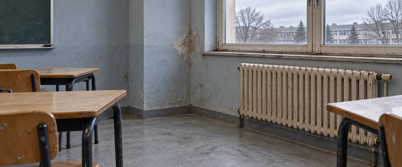 Salle de classe vieillissante : tables usées, sol marqué, peinture écaillée et radiateur sous une fenêtre.