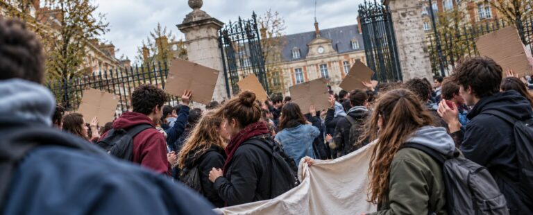 Des lycéens manifestent devant leur établissement avec des pancartes, sans bloquer le passage.