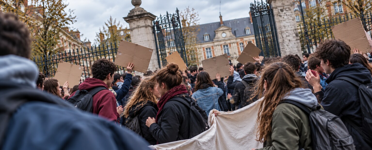 Des lycéens manifestent devant leur établissement avec des pancartes, sans bloquer le passage.