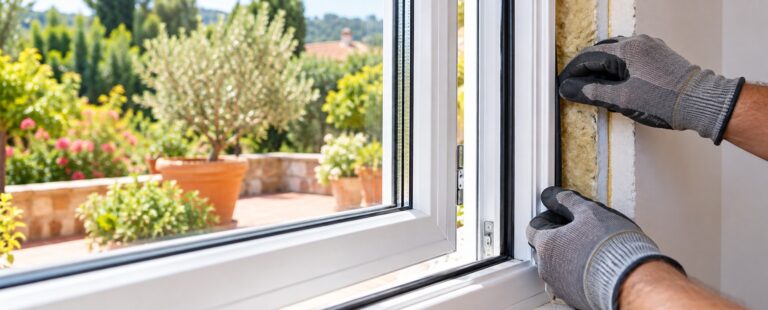 Des mains gantées ajustent un joint isolant sur le cadre d’une fenêtre ouverte sur un jardin.