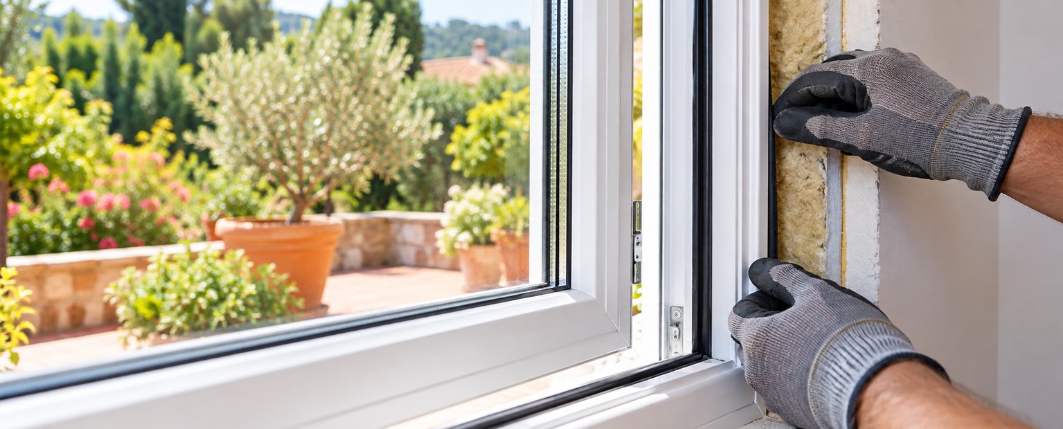 Des mains gantées ajustent un joint isolant sur le cadre d’une fenêtre ouverte sur un jardin.