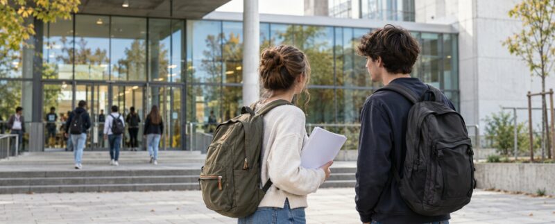 Deux étudiants devant l’entrée d’un campus universitaire au début de l’automne
