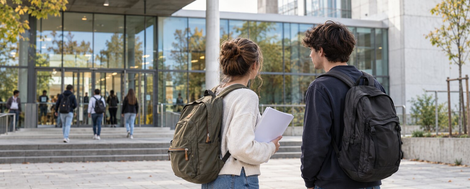 Deux étudiants devant l’entrée d’un campus universitaire au début de l’automne