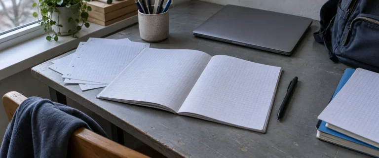Cahier ouvert, feuilles et ordinateur fermé sur un bureau près d’une fenêtre.