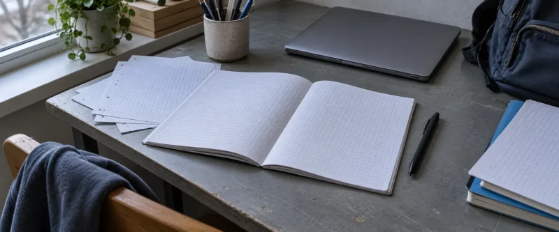 Cahier ouvert, feuilles et ordinateur fermé sur un bureau près d’une fenêtre.