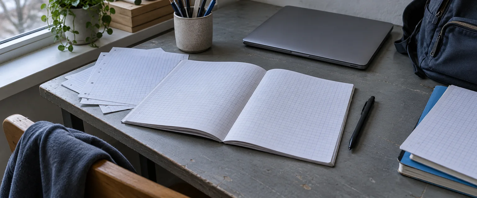 Cahier ouvert, feuilles et ordinateur fermé sur un bureau près d’une fenêtre.