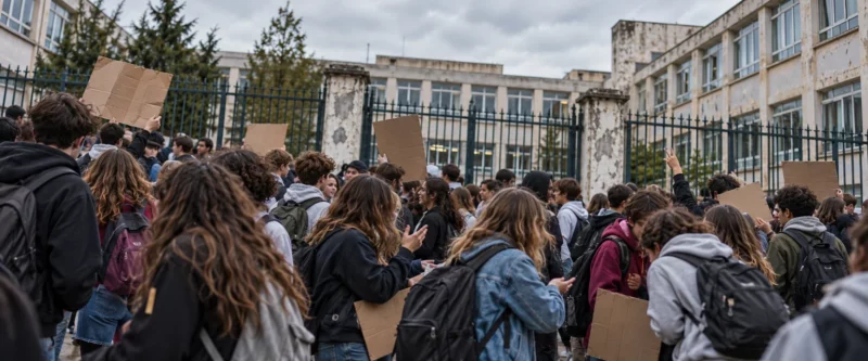 Lycéens rassemblés en groupes devant les grilles d’un établissement, avec des pancartes tenues à différentes hauteurs.