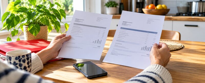 Personne comparant deux factures de téléphone sur une table ensoleillée, près d’un smartphone et d’un dossier rouge.