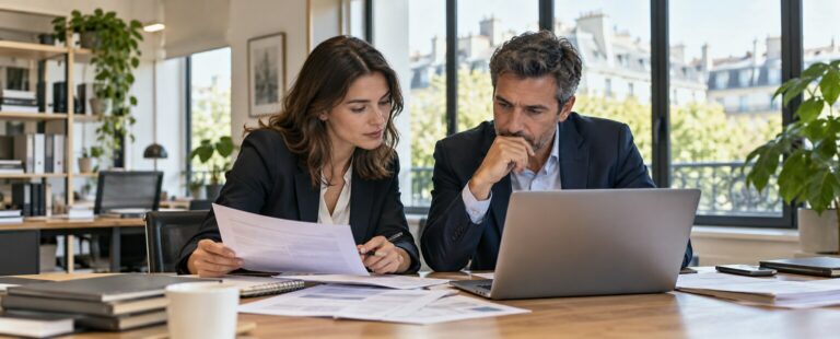 Une salariée et un responsable examinent ensemble des documents de paie.