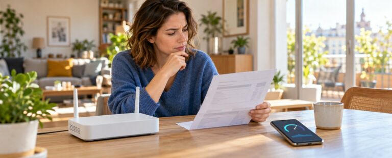 Abonnée examinant sa facture internet à côté d’un routeur et d’un test de débit.