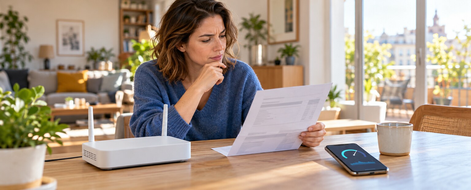 Abonnée examinant sa facture internet à côté d’un routeur et d’un test de débit.
