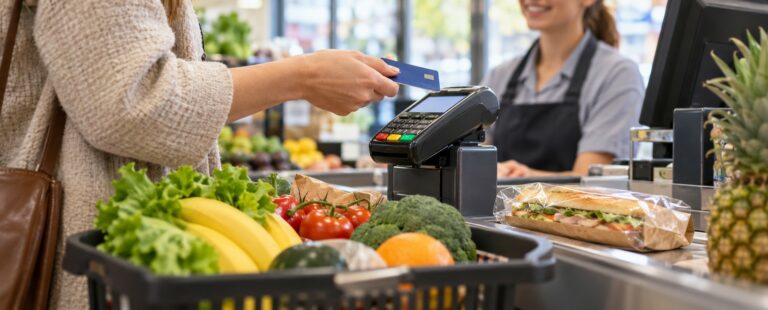 Une cliente règle des achats alimentaires par carte à la caisse.