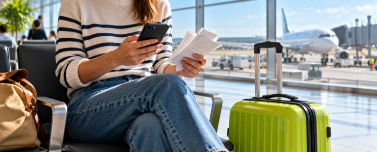 Passagère consultant ses documents de voyage près d’une valise verte dans un aéroport lumineux.