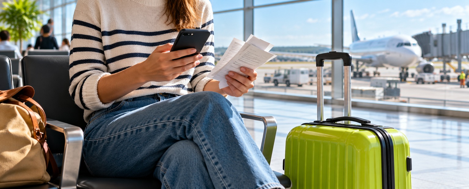 Passagère consultant ses documents de voyage près d’une valise verte dans un aéroport lumineux.