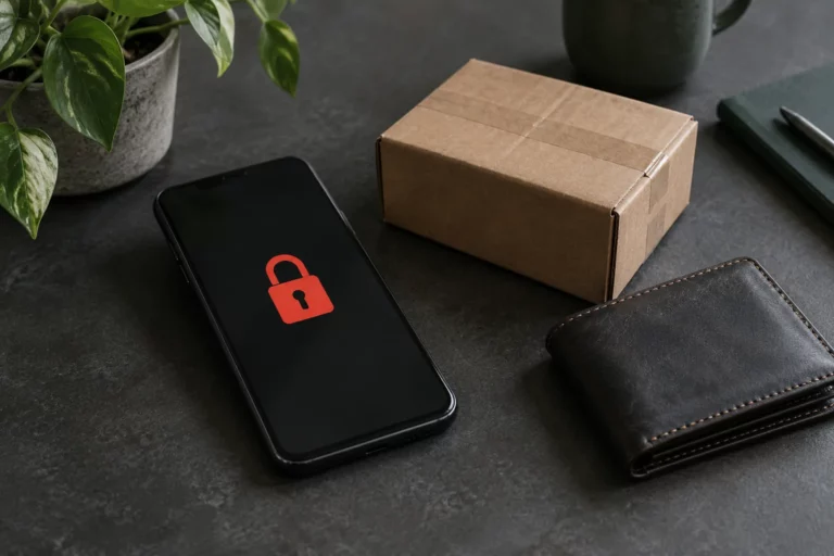Téléphone affichant un cadenas, colis et portefeuille : un compte de vente en ligne bloqué